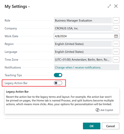 Muestra el control de alternancia Barra de acciones heredada resaltada en la página Mi configuración.