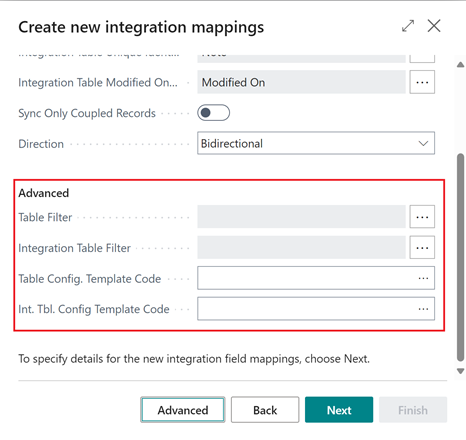 Muestra los detalles de asignación de tablas de integración avanzada.