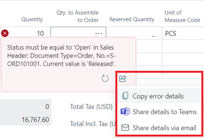 Muestra el icono Compartir detalles en el mensaje de error de validación en línea.