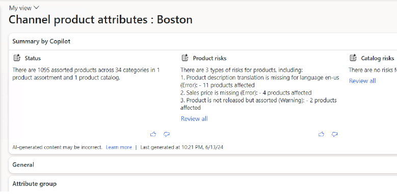 Captura de pantalla que muestra un resumen generado por Copilot para la configuración de comercialización de un canal