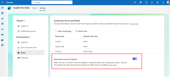 El uso compartido de registros en Outlook se puede habilitar para la organización desde la configuración de Forms.