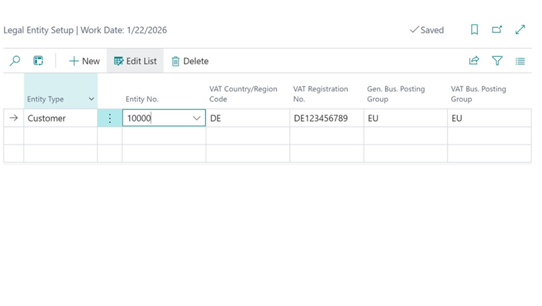 Configuración de entidad jurídica para agregar múltiples números de IVA para clientes