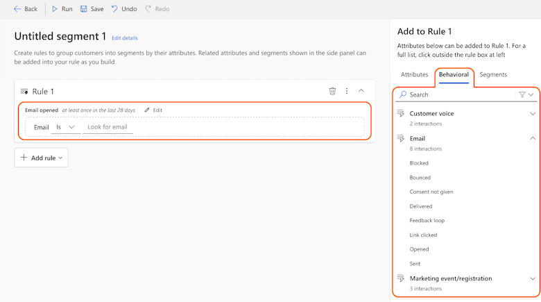 Captura de pantalla de un segmento de comportamiento en Customer Insights - Data