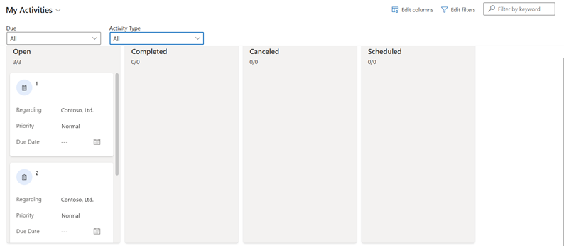 Vista Actividades en el kanban