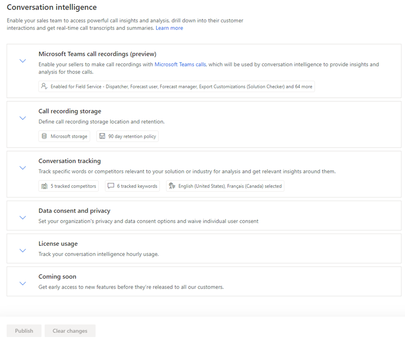 Página de configuración de Inteligencia de conversaciones