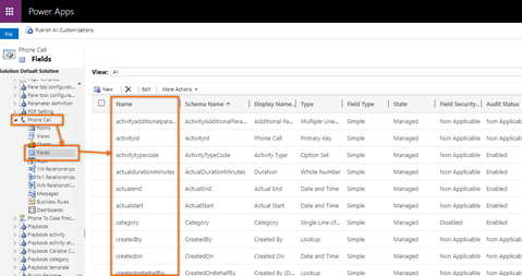 Nombres de columnas de llamada de teléfono en configuración de personalización del sistema.