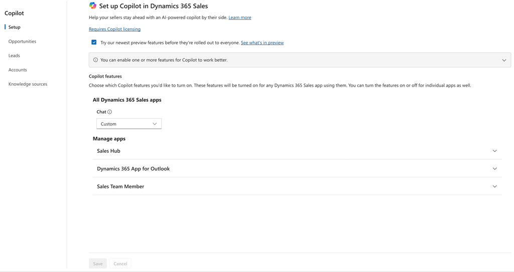 Captura de pantalla de la página Configurar Copilot en Dynamics 365 Sales en el Centro de ventas de Dynamics 365