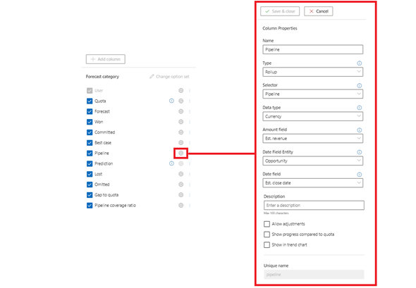 Seleccione la opción de configuración para una columna.