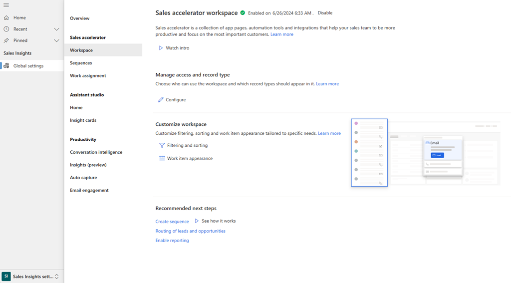 Captura de pantalla del configuración del espacio de trabajo del acelerador de ventas.