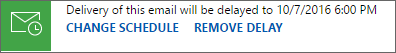 Captura de pantalla del control Enviar más tarde para un correo electrónico programado en Dynamics 365 Sales.