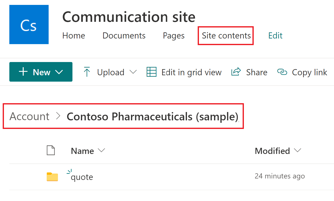 Captura de pantalla que muestra la navegación del sitio de SharePoint para acceder a la carpeta de la cuenta