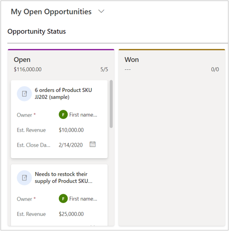 Vista Kanban de oportunidad basada en estado.