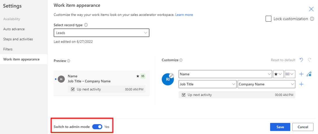 Captura de pantalla de la página de configuración Apariencia del elemento de trabajo, con Cambiar a modo de administrador y Bloquear personalización resaltados