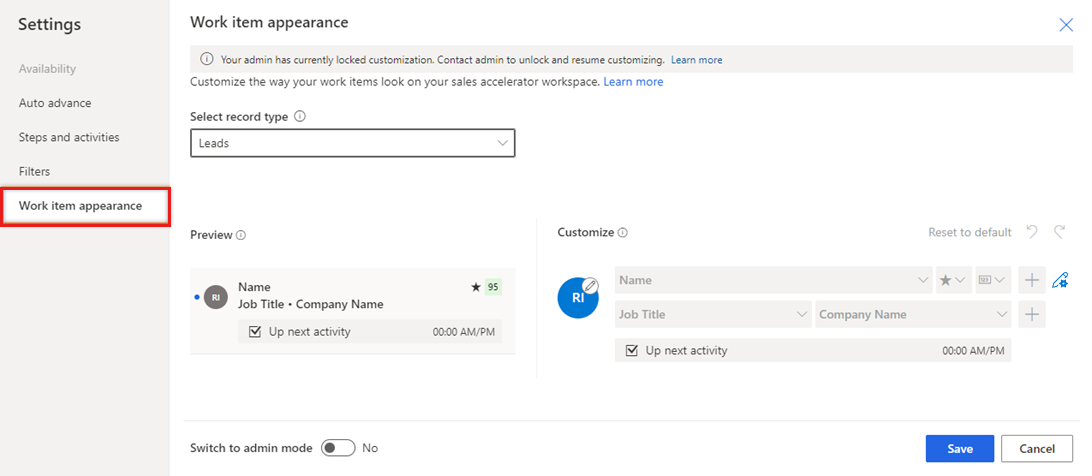 Captura de pantalla de la página de configuración Apariencia del elemento de trabajo