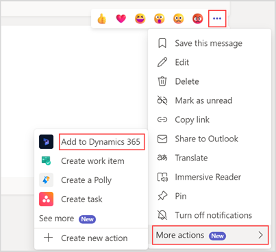 Captura de pantalla que muestra cómo agregar un mensaje de chat a Dynamics 365.