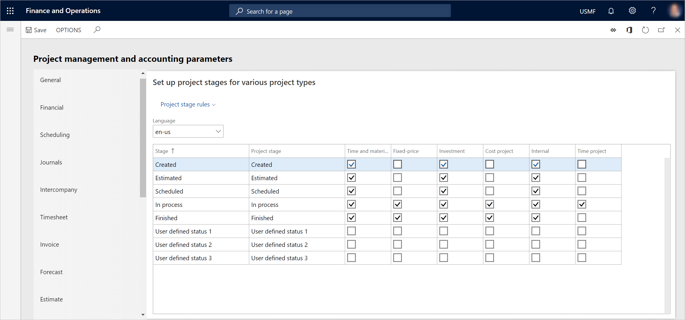 Página Configurar etapas del proyecto para varios tipos de proyectos.