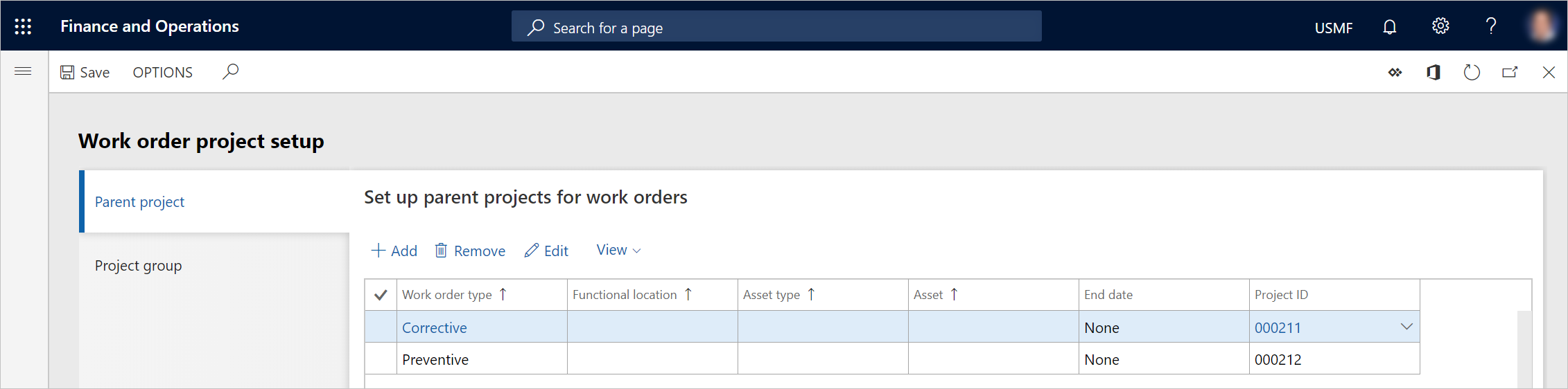 Página Configuración de proyecto de orden de trabajo.