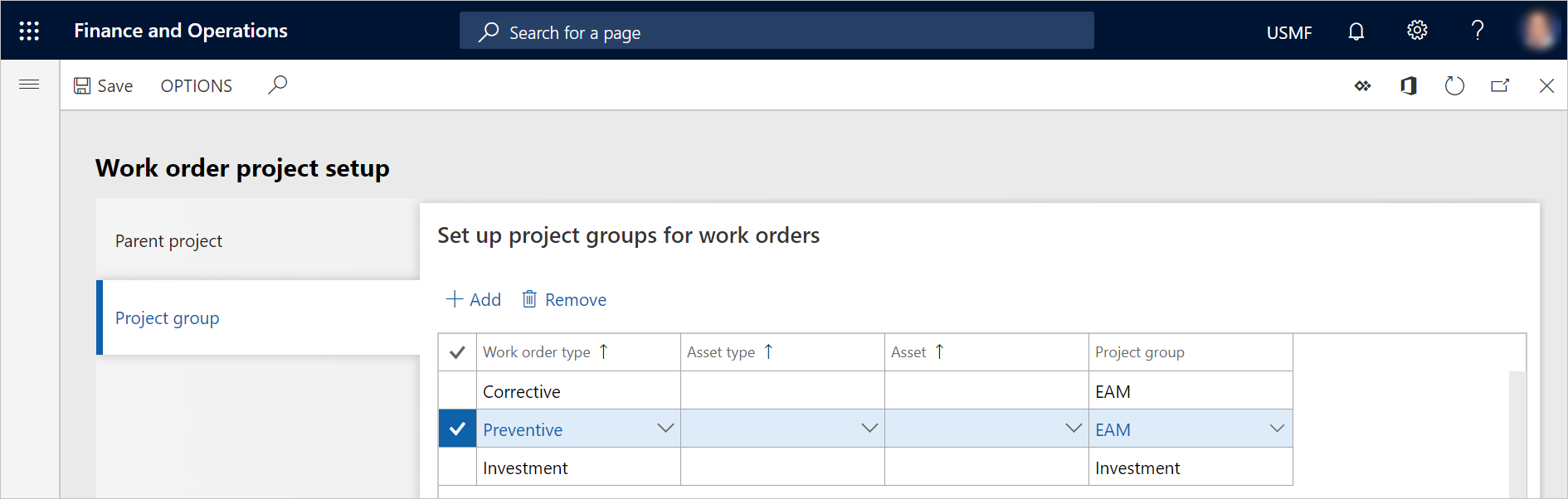 Página Configuración de proyecto de orden de trabajo, Agregar pedido de trabajo.