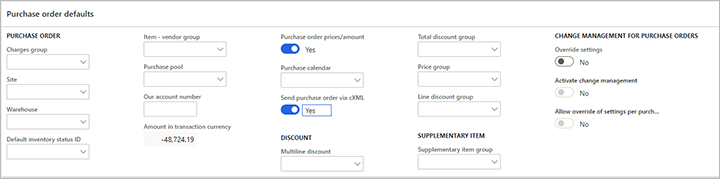 Configuración predeterminada para pedidos de compra de proveedores.