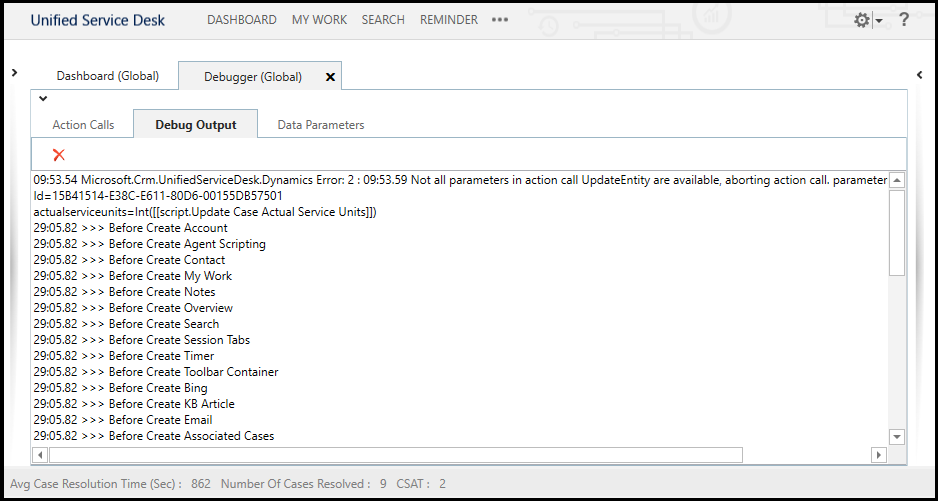 Pestaña Resultados de depuración de Unified Service Desk.