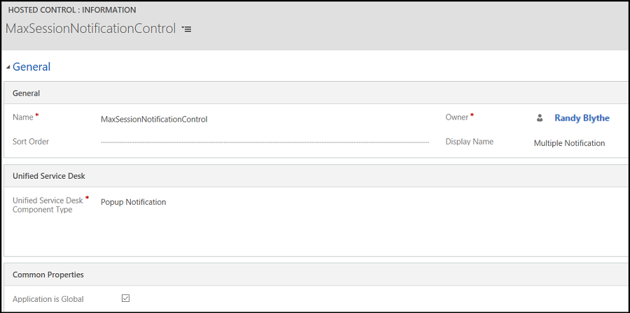 Control hospedado con tipo Componente USD como Notificación emergente.