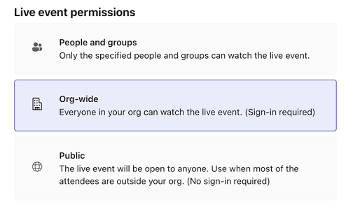Imagen de las opciones de permisos de eventos en directo de Teams.