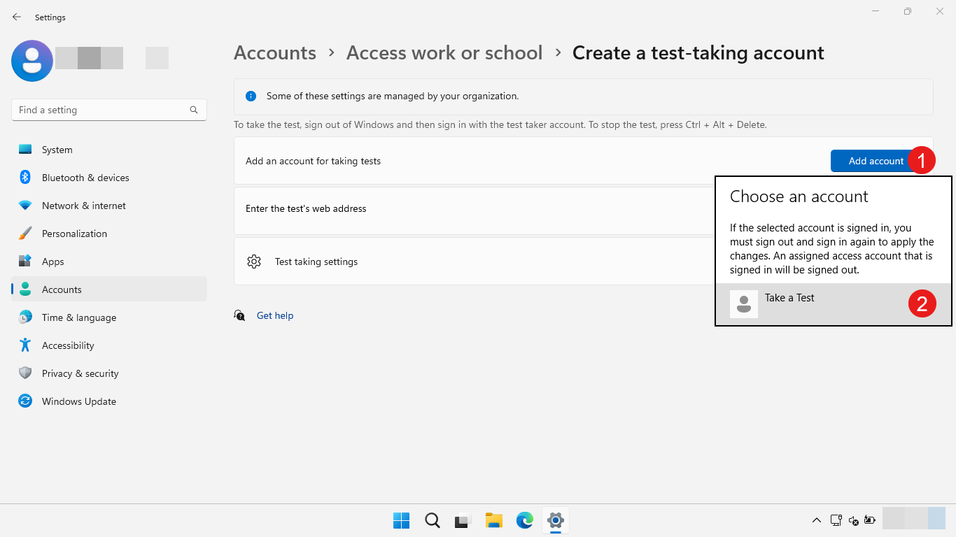 Use la aplicación Configuración para elegir la cuenta de toma de pruebas.