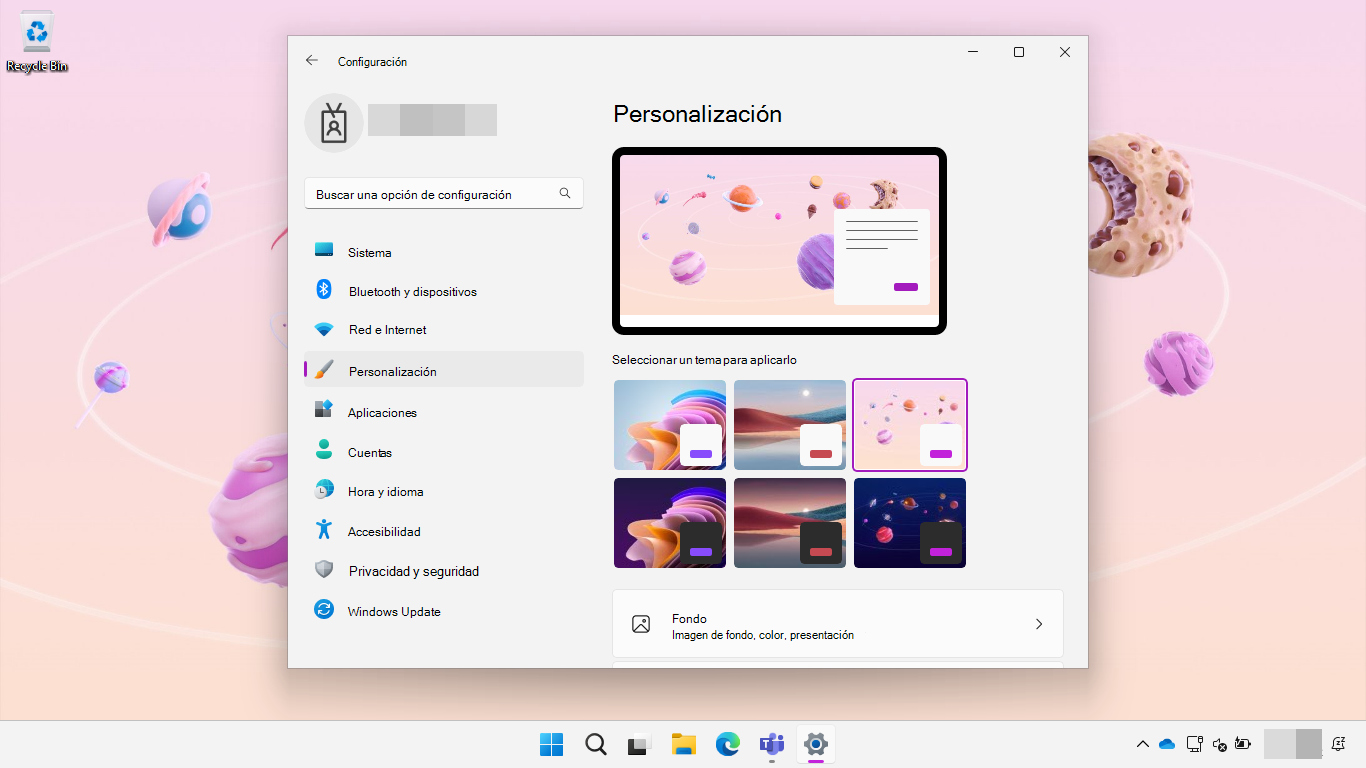 Captura de pantalla de Windows 11 selección de temas educativos