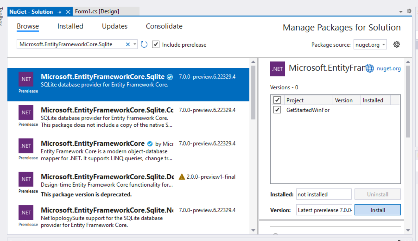 Instalación del paquete Microsoft.EntityFrameworkCore.Sqlite