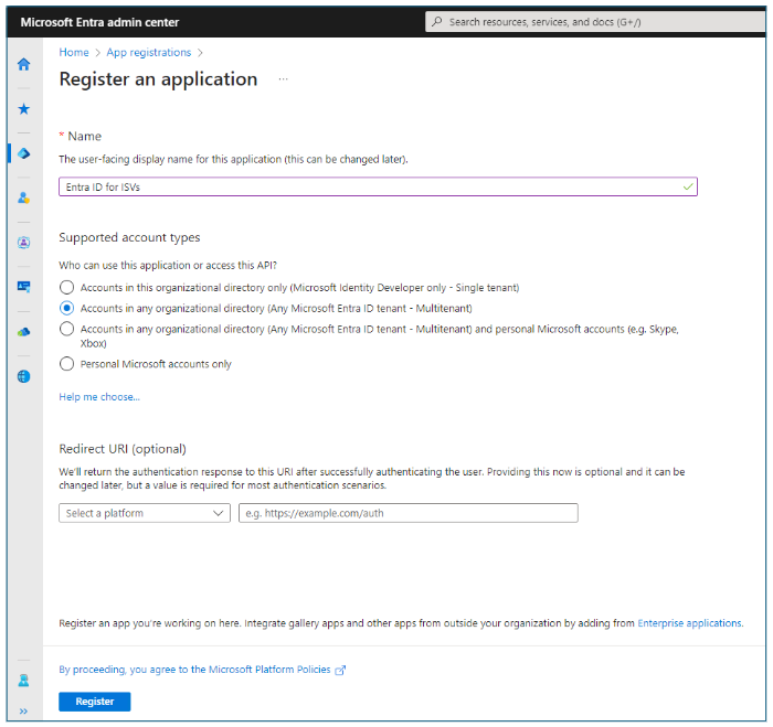 Captura de pantalla de las opciones de configuración de aplicación en el Centro de administración Microsoft Entra.