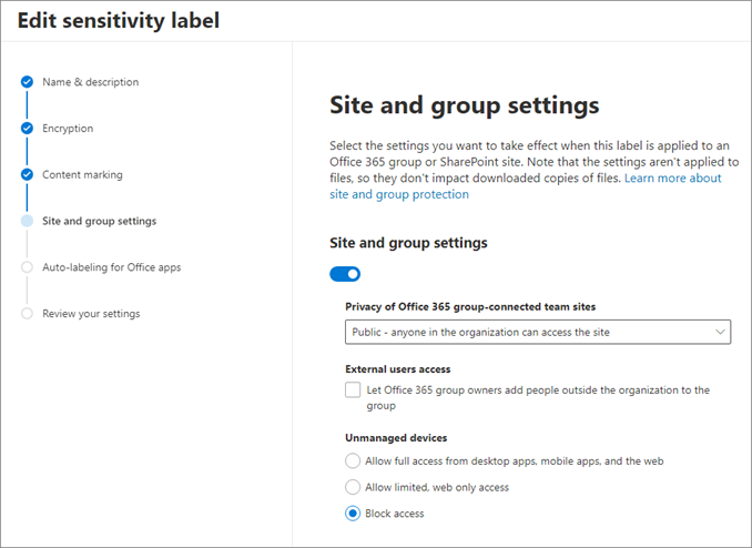 Captura de pantalla de las opciones y las entradas de Configuración de sitio y grupo.