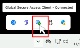 Captura de pantalla del icono cliente de acceso seguro global que muestra el estado conectado correcto.