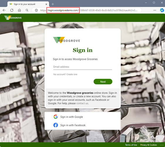 En la captura de pantalla se muestra una experiencia de usuario con un dominio URL personalizado de Id. externa.