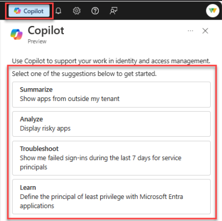 Captura de pantalla que muestra las indicaciones de inicio en Security Copilot.