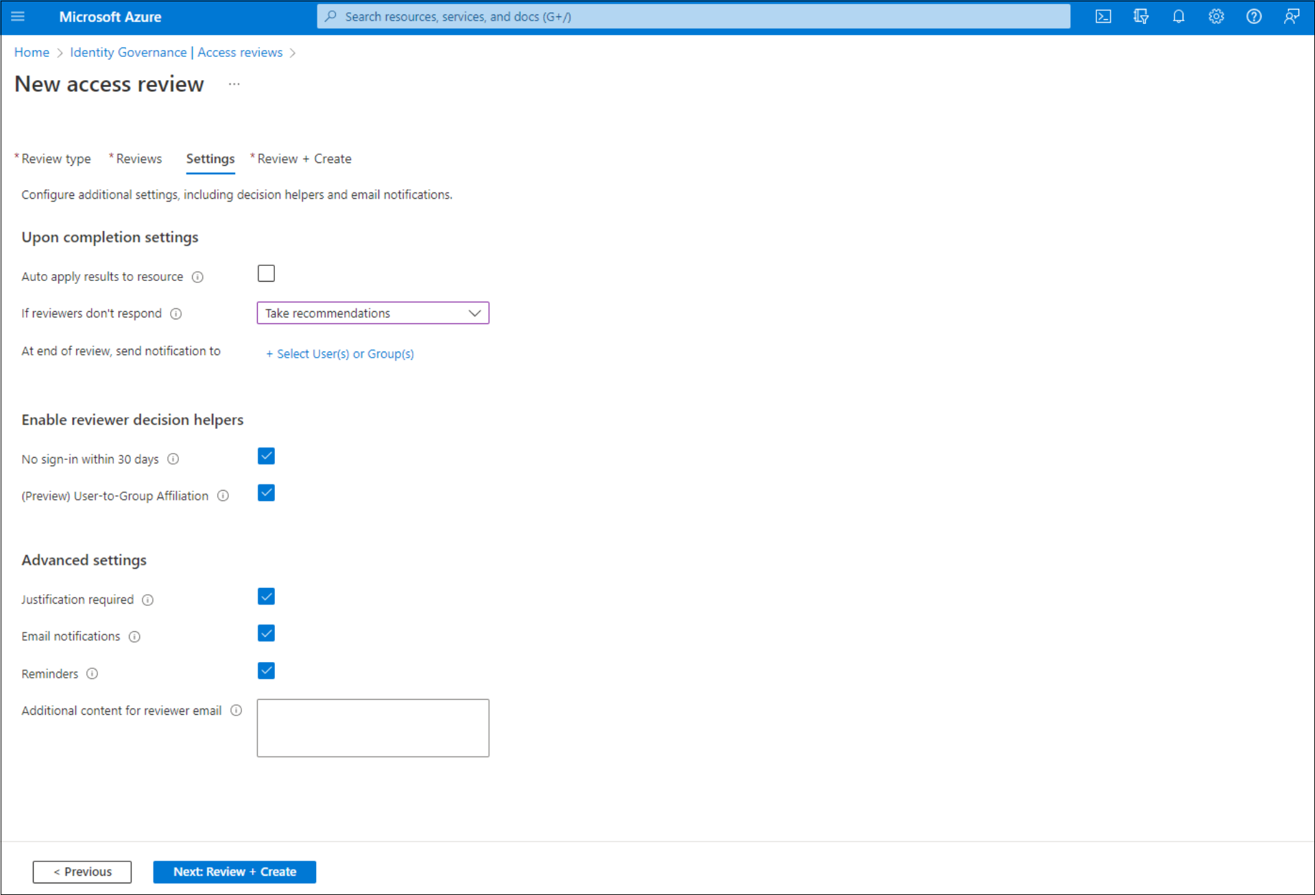 Captura de pantalla que muestra la configuración de finalización.