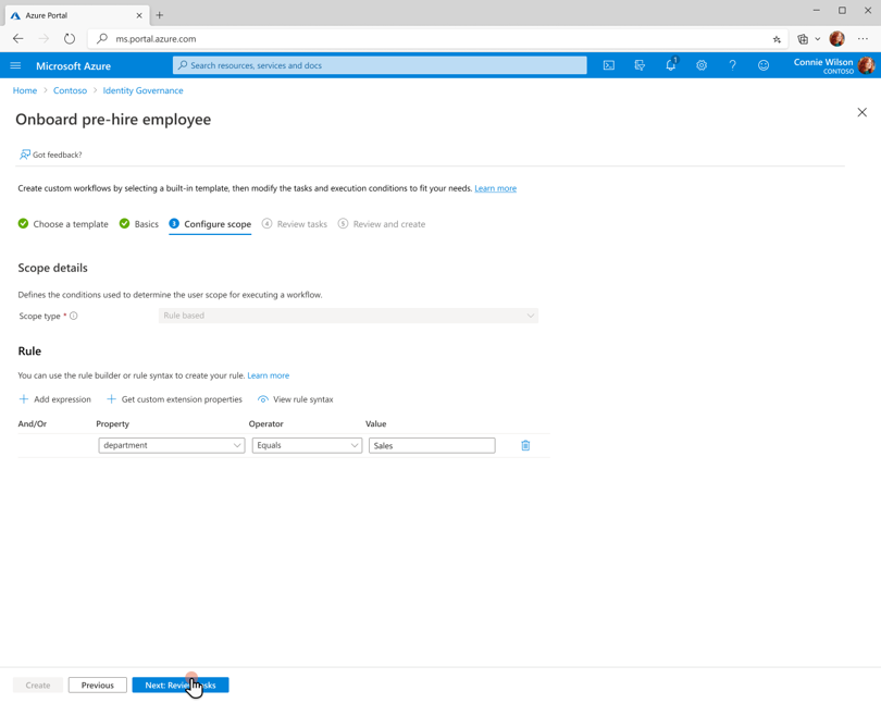 Captura de pantalla de las opciones de configuración de ámbito para una plantilla de flujo de trabajo de ciclo de vida.