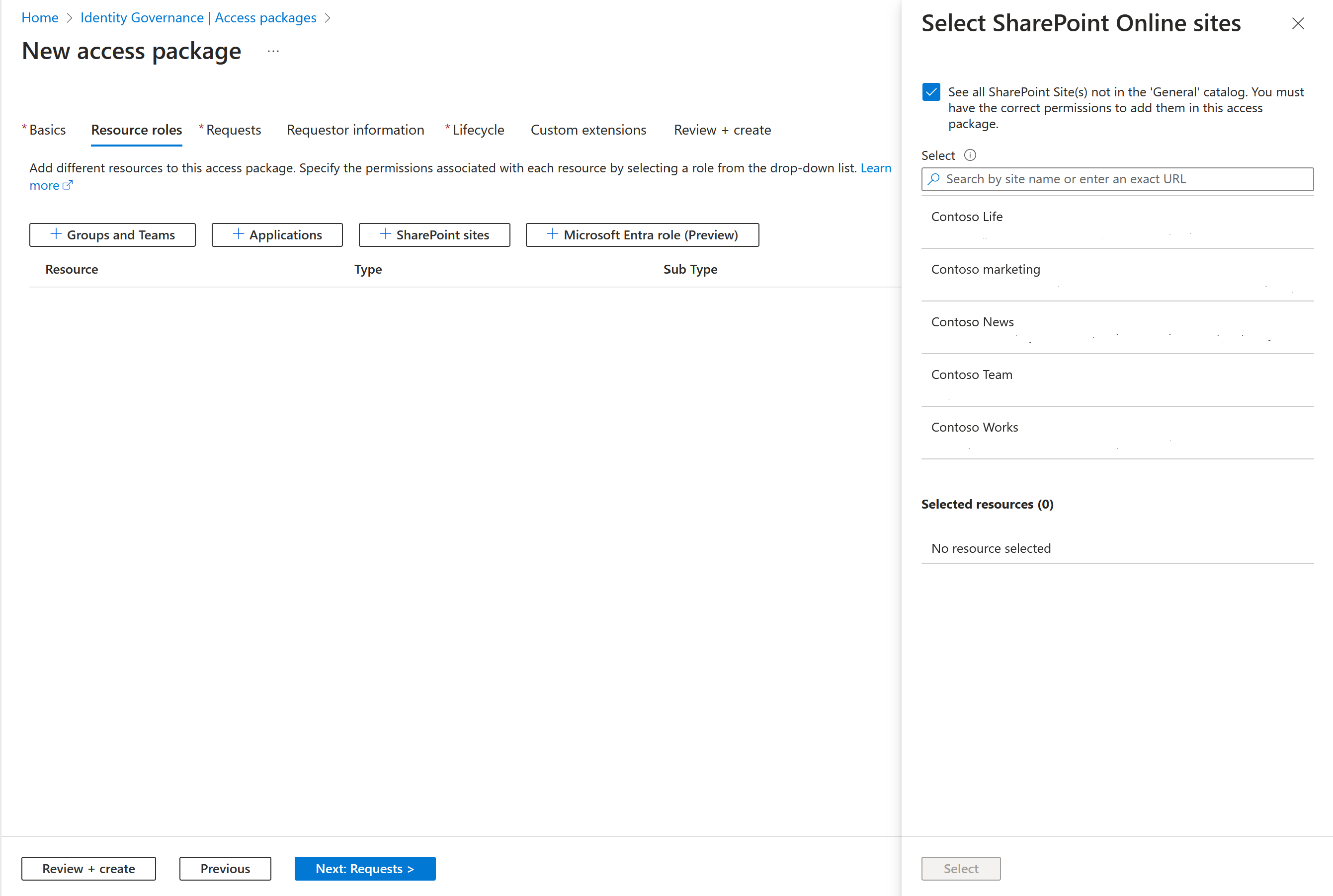 Paquete de acceso - Agregar roles de recursos - Seleccionar sitios de SharePoint - vista del Portal