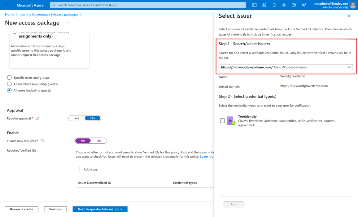 Seleccione el emisor para Id. verificada por Microsoft Entra.