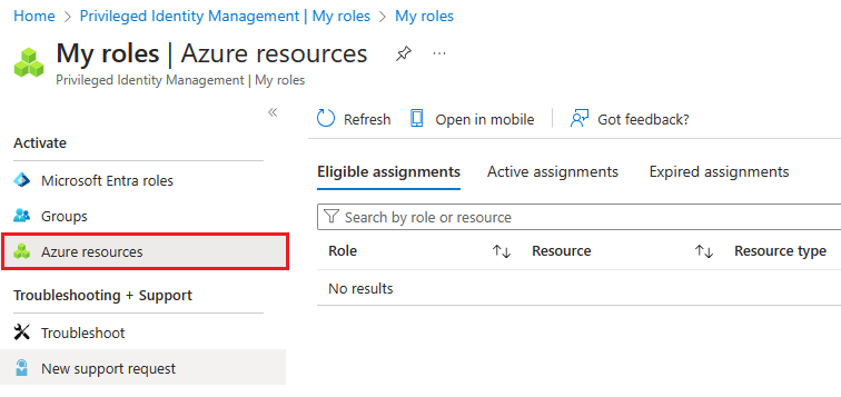 Captura de pantalla de mis roles: página Roles de recursos de Azure.