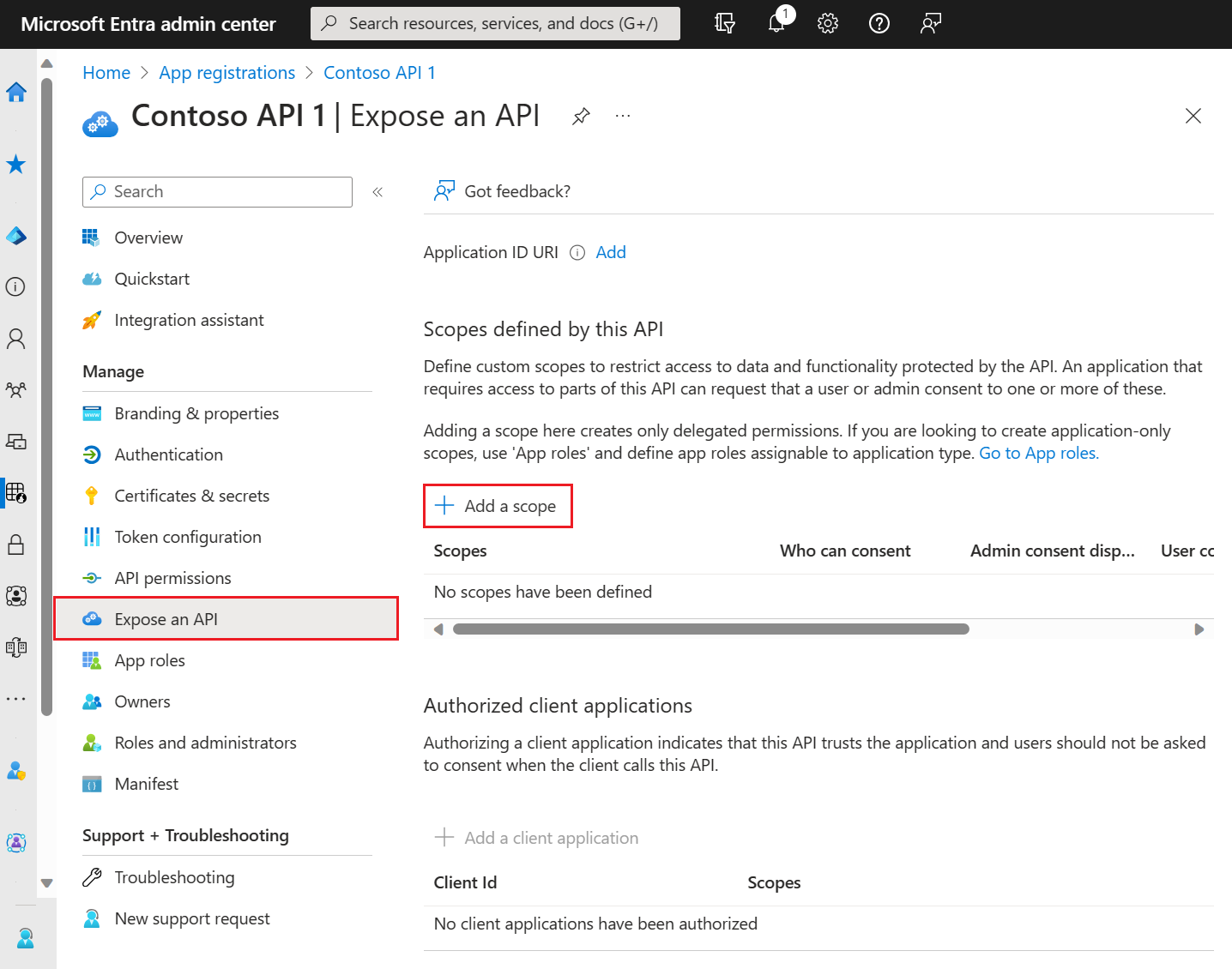 Panel de exposición de una API durante el registro de una aplicación en Azure Portal