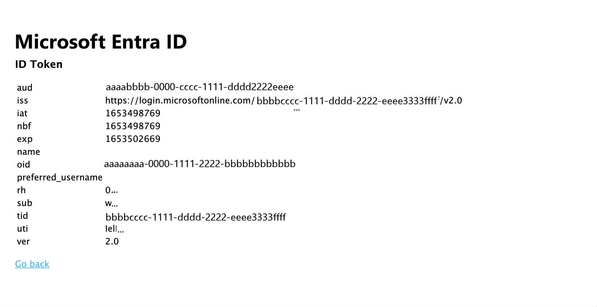 User ID token screen displaying