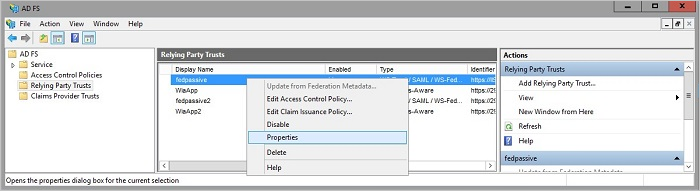 Relying Party Trusts right-click on app name - screenshot