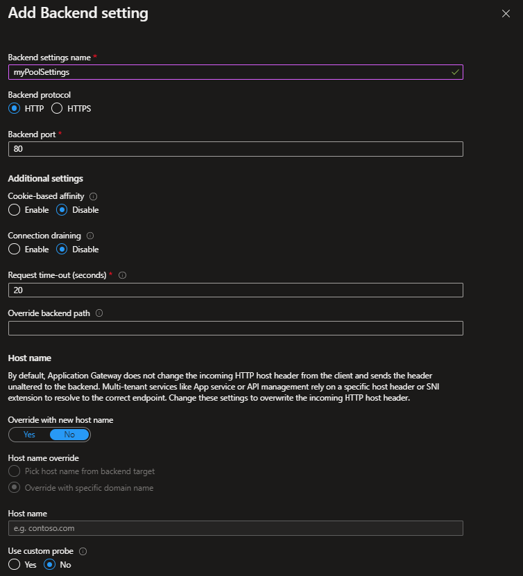 Captura de pantalla de la configuración del back-end de Application Gateway.