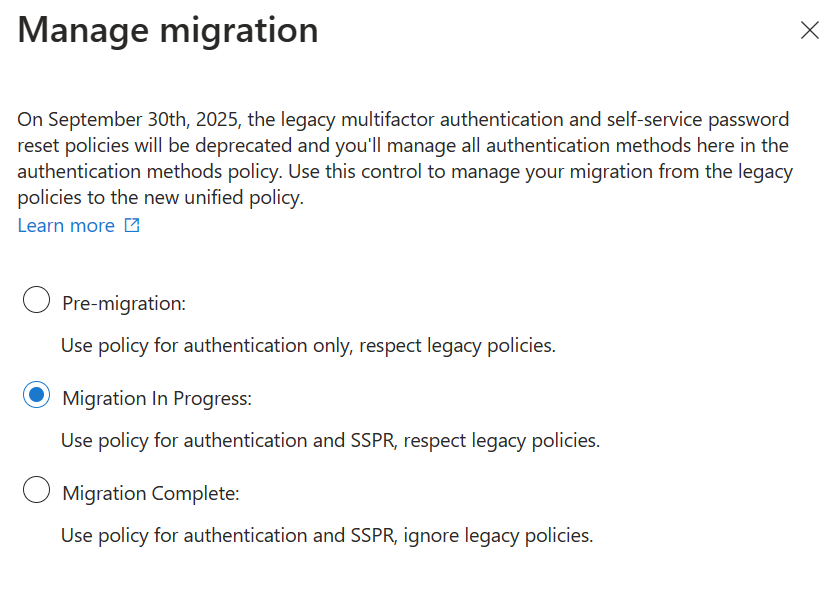 Captura de pantalla de las opciones de migración.