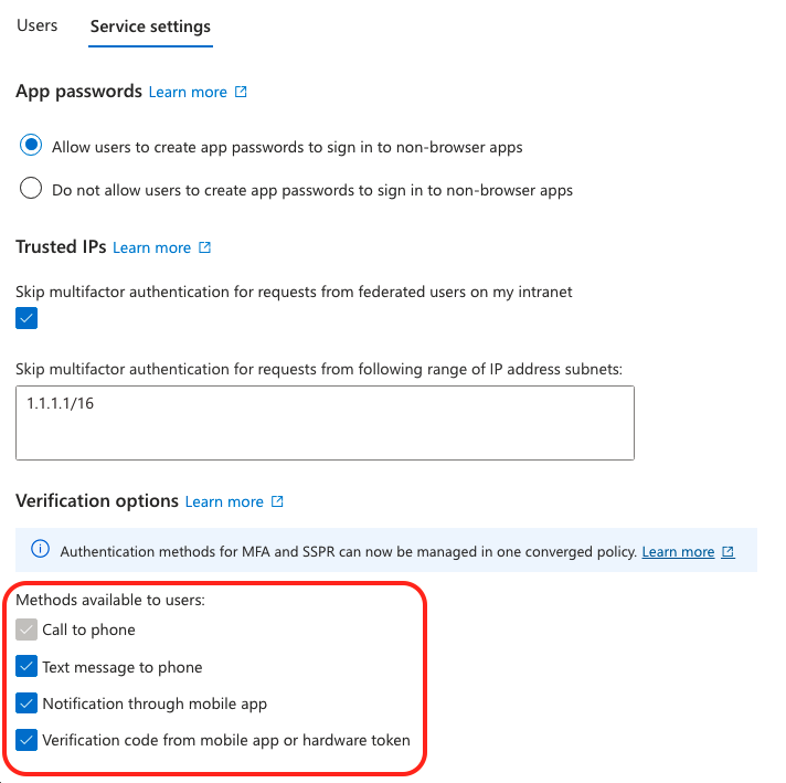 Captura de pantalla de la configuración del servicio MFA.