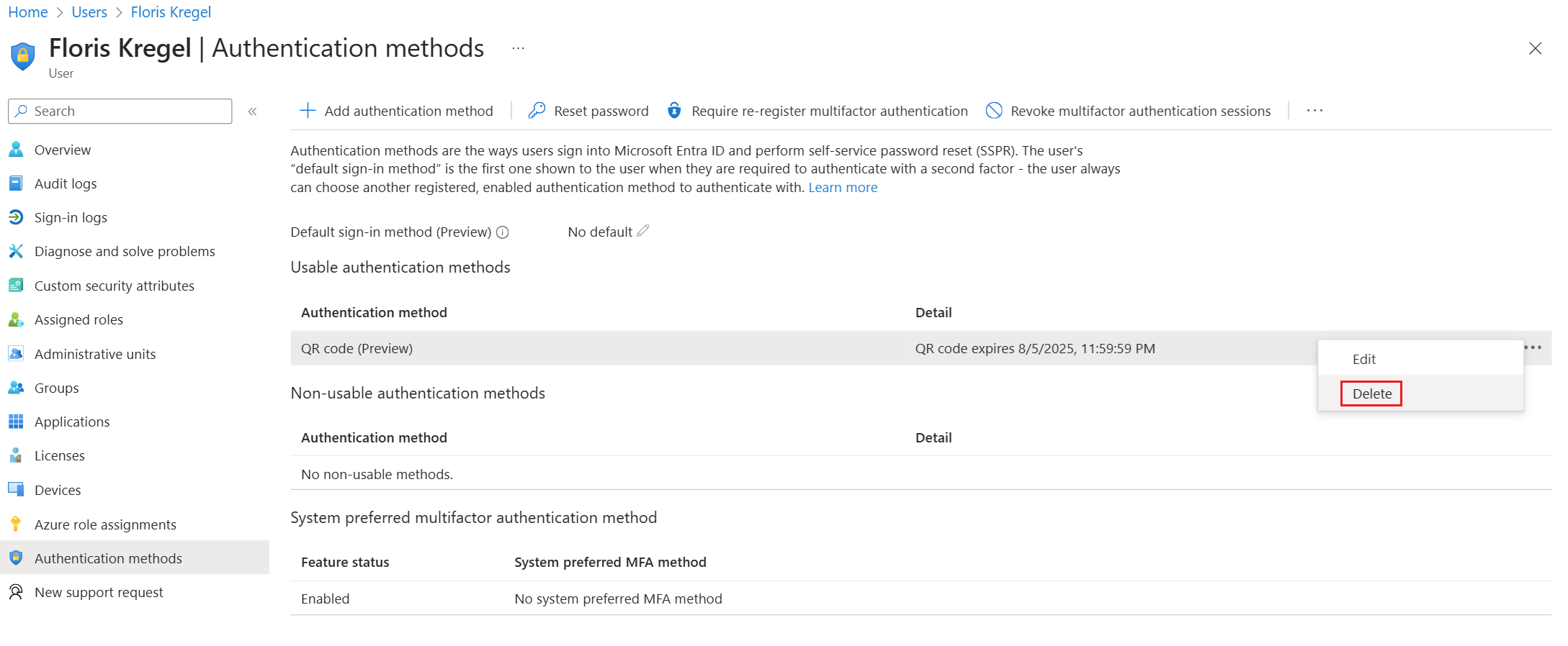 Screenshot that shows how to delete the QR code authentication method for a user in the Microsoft Entra admin center.