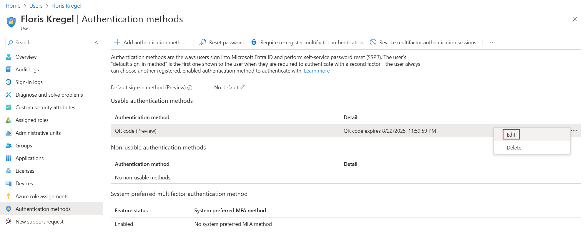 Screenshot that shows how to edit the usable authentication method for a user.