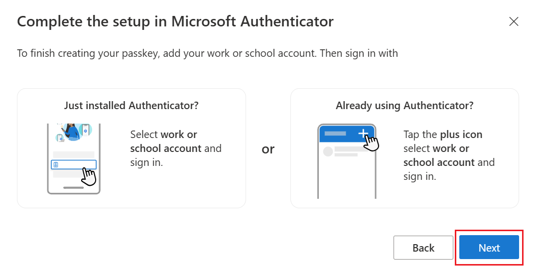 Captura de pantalla de volver al asistente para completar la configuración de la clave de paso en Authenticator.