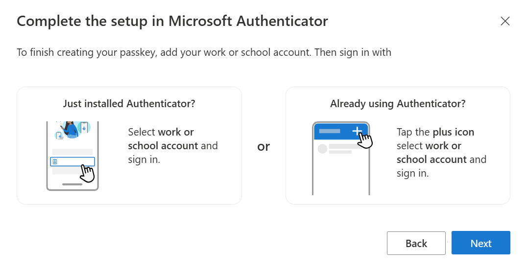 Captura de pantalla del asistente para completar la configuración de la clave de paso en Authenticator.