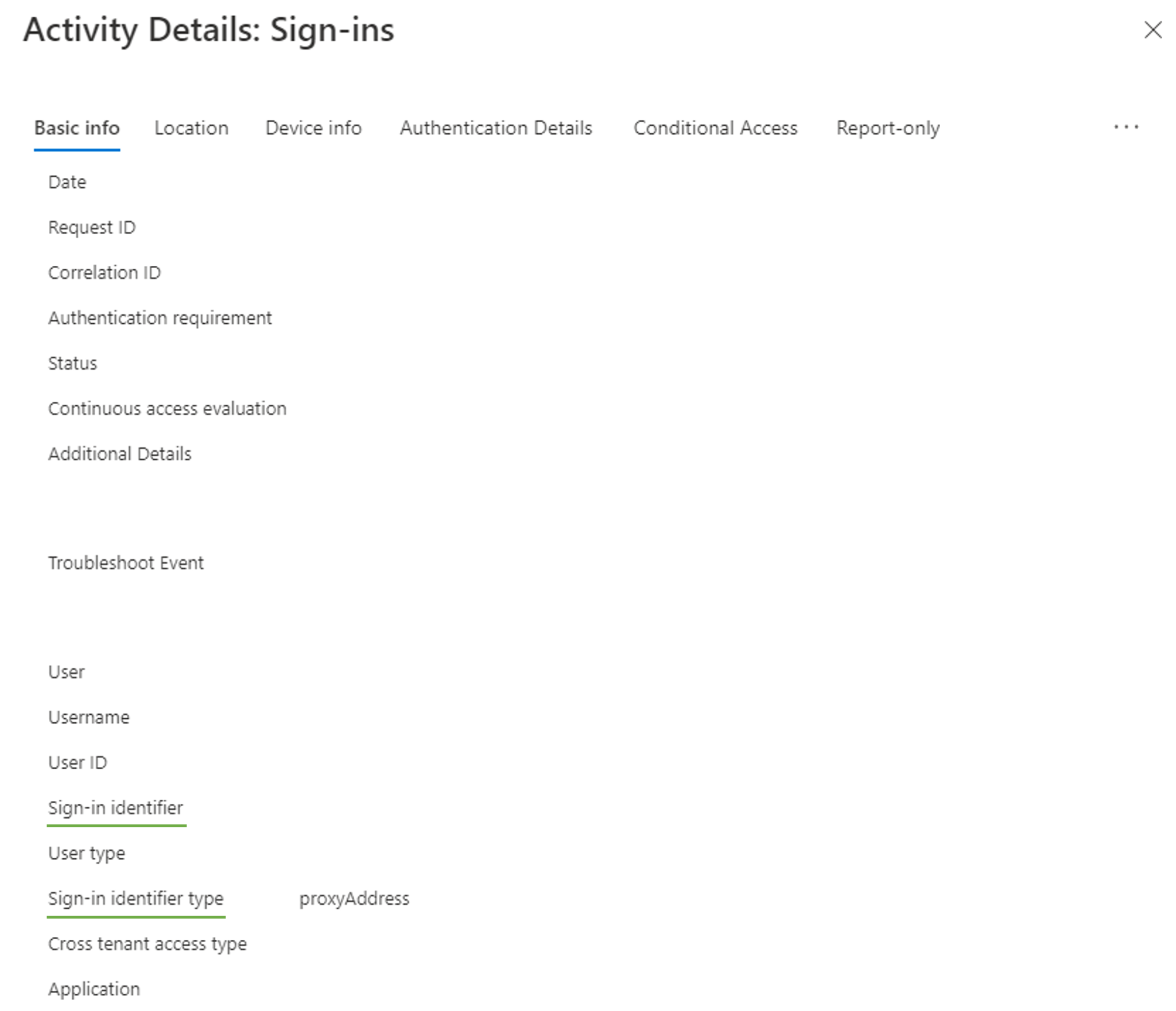 Captura de pantalla de los registros de inicio de sesión de Microsoft Entra que muestran el correo electrónico como actividad de identificador de inicio de sesión alternativa.